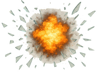 Fiery explosion generating powerful shockwave, shattering glass fragments against transparent background, ready for visual effects compositing
