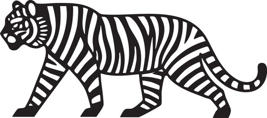 stylized black and white tiger stands confidently in a dynamic pose.