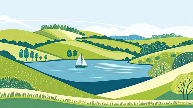 Serene landscape with rolling hills, a lake, and a sailboat.
