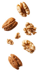  Flying Walnuts Isolated on Transparent Background