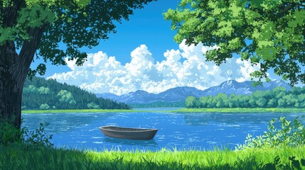 Obraz premium A serene lake scene under a vibrant sky.