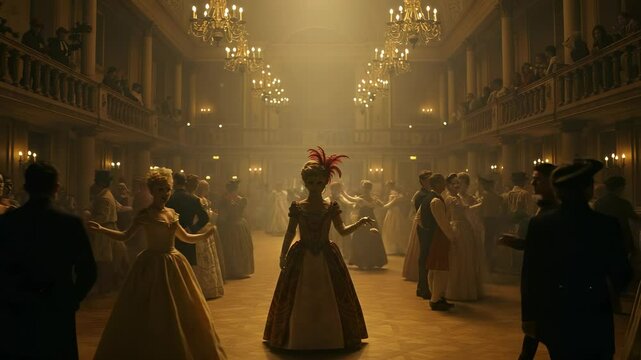 Captivating masquerade ball scene: Elegant costumes and chandeliers in a grand ballroom