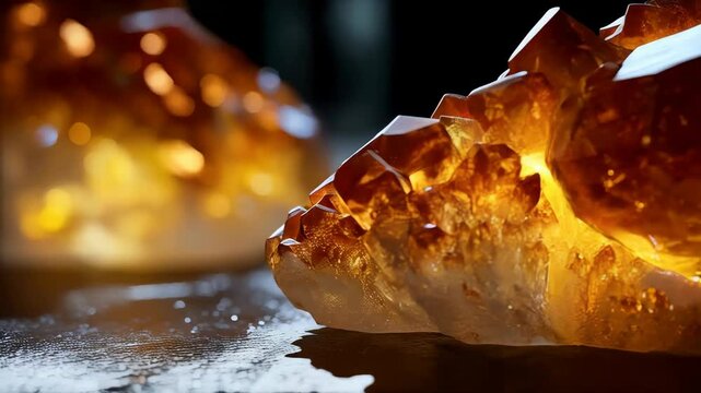 Close-up of raw citrine quartz crystals cluster with orange and white hues on reflective surface, illuminated in a dark environment.