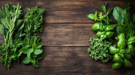 Fresh herbs arranged on rustic wood; cooking background