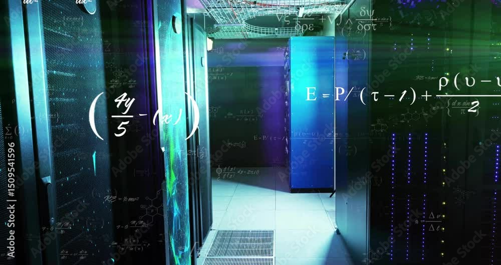 Poster upon startup server rack corridor showing floating equations visualizing data flow in flat design