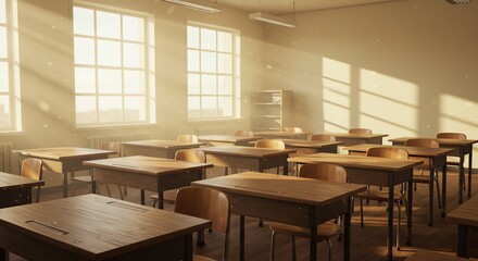 Classroom interior with desks and sunlight streaming in