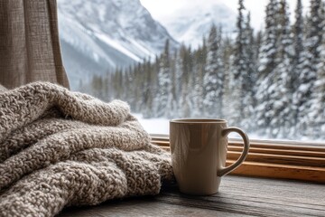 Cozy winter scene a beige knit blanket and steaming mug rest on a wooden windowsill overlooking a snow-covered mountain valley