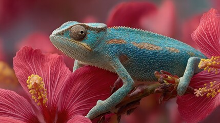 Charming chameleon gracefully perched on a vibrant red hibiscus flower bloom display