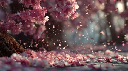Gentle spring breeze through blooming cherry blossoms, petals falling