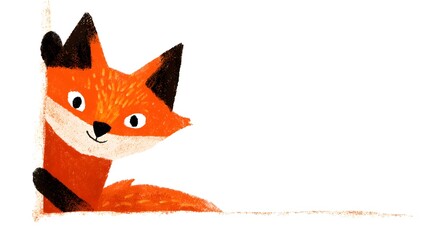 Obraz premium An illustration of an orange fox peeking from behind a white corner with a curious expression