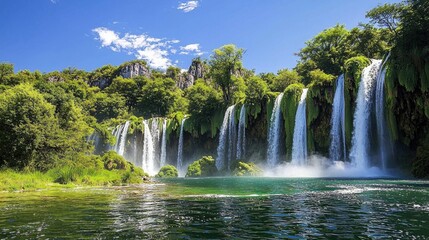 Obraz premium Cascading waterfalls in a lush green landscape.