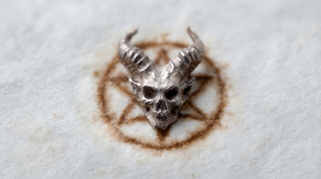 Occult Symbolism Silver Devil Skull on Aged Parchment