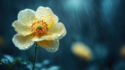 Delicate yellow flower in rain