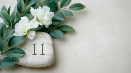 Elegant Number Eleven Place Card  White Flowers  Stone  Greenery
