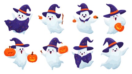 Collection of cartoon ghosts wearing witch hats and holding pumpkins for halloween celebration design