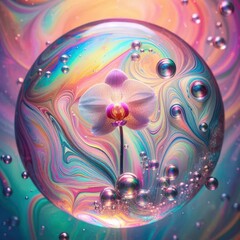 A delicate flower stands in a vibrant sphere filled with swirling colors and sparkling water droplets. The enchanting scene captures the essence of beauty and wonder in a magical setting