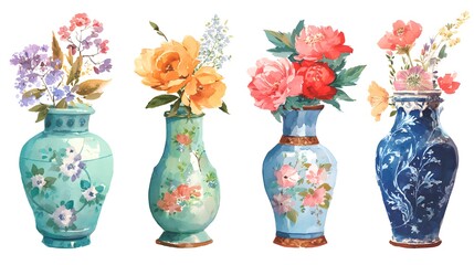 Watercolor painting of four vases with flowers in different colors and styles on a white background