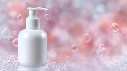 Clean Beauty Product  White Pump Bottle  Soap Bubbles  Pastel Background