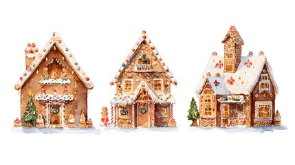 Three watercolor gingerbread houses decorated with candy and frosting on a white background art
