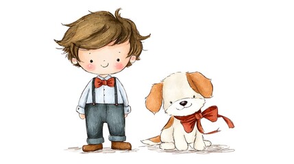Illustration of a boy with a bow tie and suspenders standing next to a dog with a bow tie