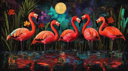 Five Flamingos Gracefully Pose Near A Nighttime Lagoon