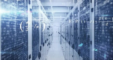 On corridor revealing server racks glowing code while formulas, diagrams evolving for data analysis - Powered by Adobe