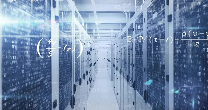 On corridor revealing server racks glowing code while formulas, diagrams evolving for data analysis - Powered by Adobe