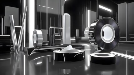 Abstract Black and Silver Metal Rolls and Tubes Reflective Surface