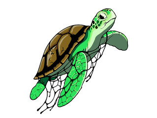 Obraz premium Green Sea Turtle Escaping Plastic Fishing Net Conservation Illustration