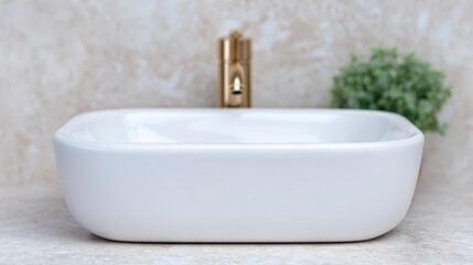 Fototapeta premium Modern Bathroom Sink White Ceramic Rectangular Basin Clean Design Luxury Faucet