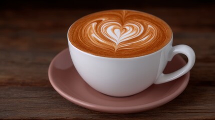 Heart Latte Art Coffee Cup  Rustic Wooden Table  Morning Beverage  Hot Drink
