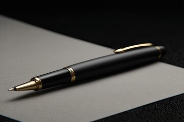 Elegant black pen with gold accents rests on a gray surface against a dark background