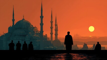 Silhouette of people at mosque sunset