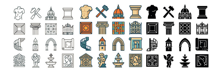 Architecture and sculpture icons collection: historic, ornamental, decorative elements set
