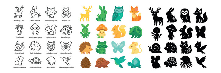 Fototapeta premium Woodland creatures icon collection: cute, cartoon and silhouette wildlife designs