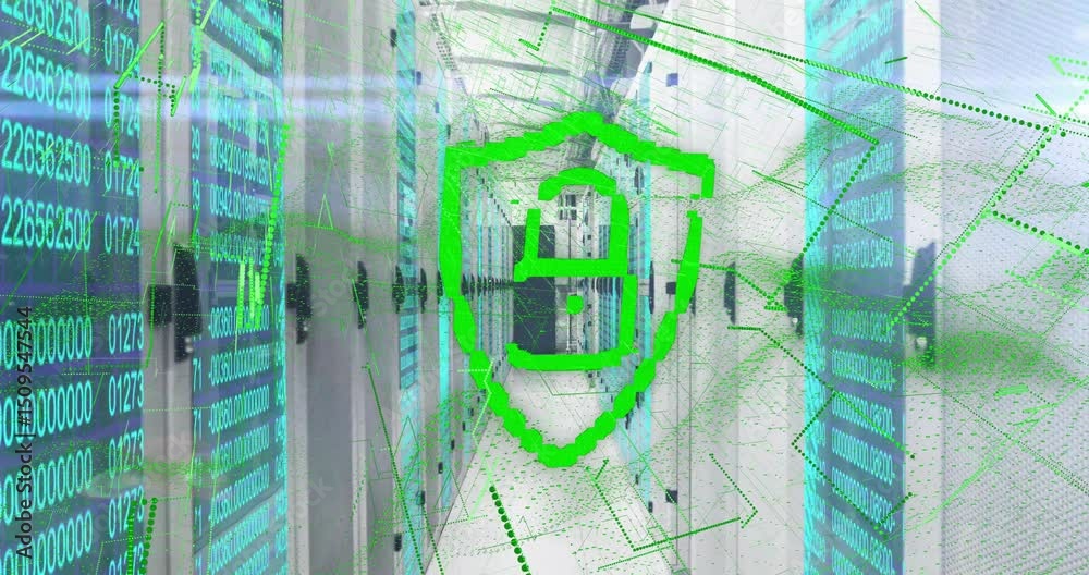 Poster shield fading in, triggered by streaming code, animating digits, network lines showing secure flow