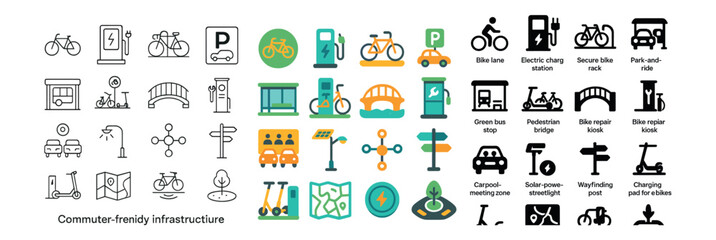 Commuter-friendly infrastructure icon collection: transport, parking and mobility set