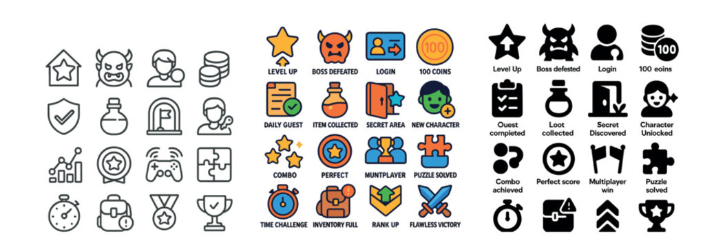 Gaming icon collection: linear, silhouette and color style symbols for game design
