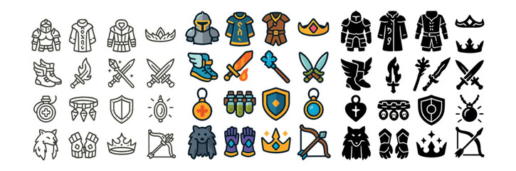 Medieval fantasy icon collection with weapons, armor and magical items. adventure set