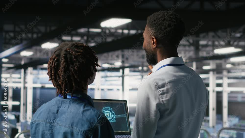 Poster data center team on industrial platform collaborating to maintain servers using artificial intellige