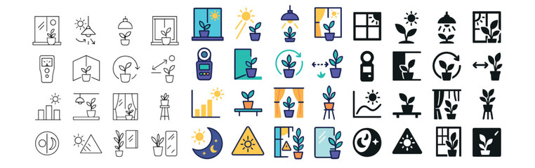 Houseplant care icon collection with linear, silhouette, and flat designs. gardening essentials