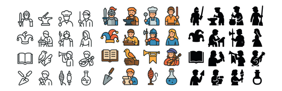 Medieval occupations icon collection: outline, silhouette and colorful design set