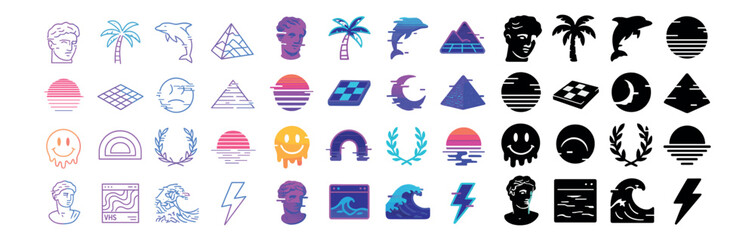 Retro and vaporwave style icon collection for digital and graphic design projects
