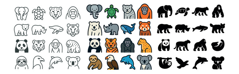 Obraz premium Wildlife animals icon collection with linear, silhouette and flat styles variety