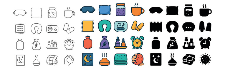 Sleep and relaxation icon collection with minimalist, colorful, and silhouette styles
