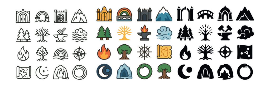 Nature and adventure icon collection: outline, filled, and glyph set for outdoor themes