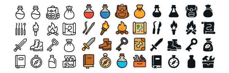 Rpg and gaming icon collection: flat, outline, and filled designs for fantasy adventures