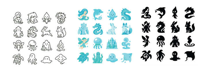 Fantasy creature icon collection: mythical, legendary, and magical design elements