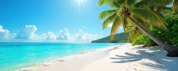 Sun-drenched beach scene with vibrant turquoise water, white sand, and lush palm trees swaying gently in the breeze Perfect for summer vacation, travel, and holiday themes , sunshine, palm trees