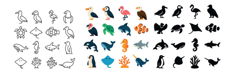 Naklejka premium Sea life icon collection: marine, aquatic and ocean animal icons for creative projects